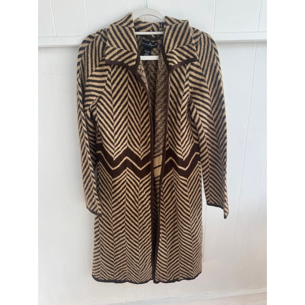 VTG 70s Chevron Knit Longline Collar Cardigan Duster Sweater Brown XL